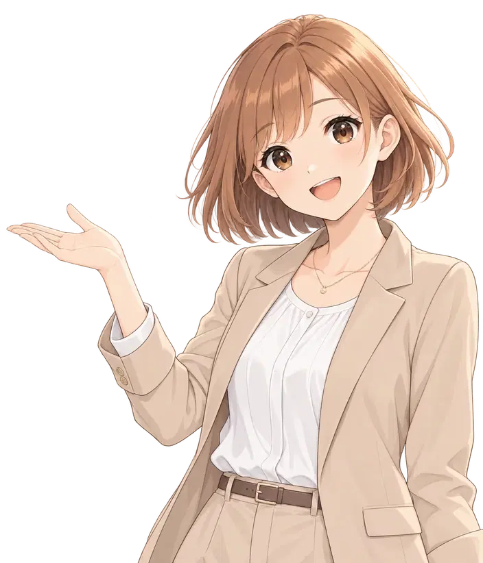 桜ちゃん(ショートボブの茶髪に、ベージュのジャケットの女性のイラスト)