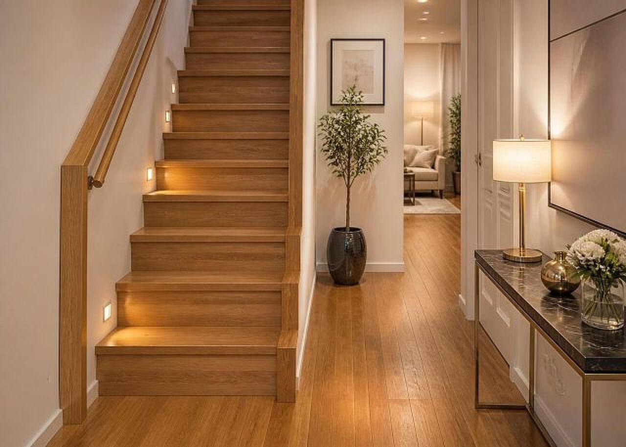 玄関を上がると、屋上テラスにつながる一段上の部屋がある