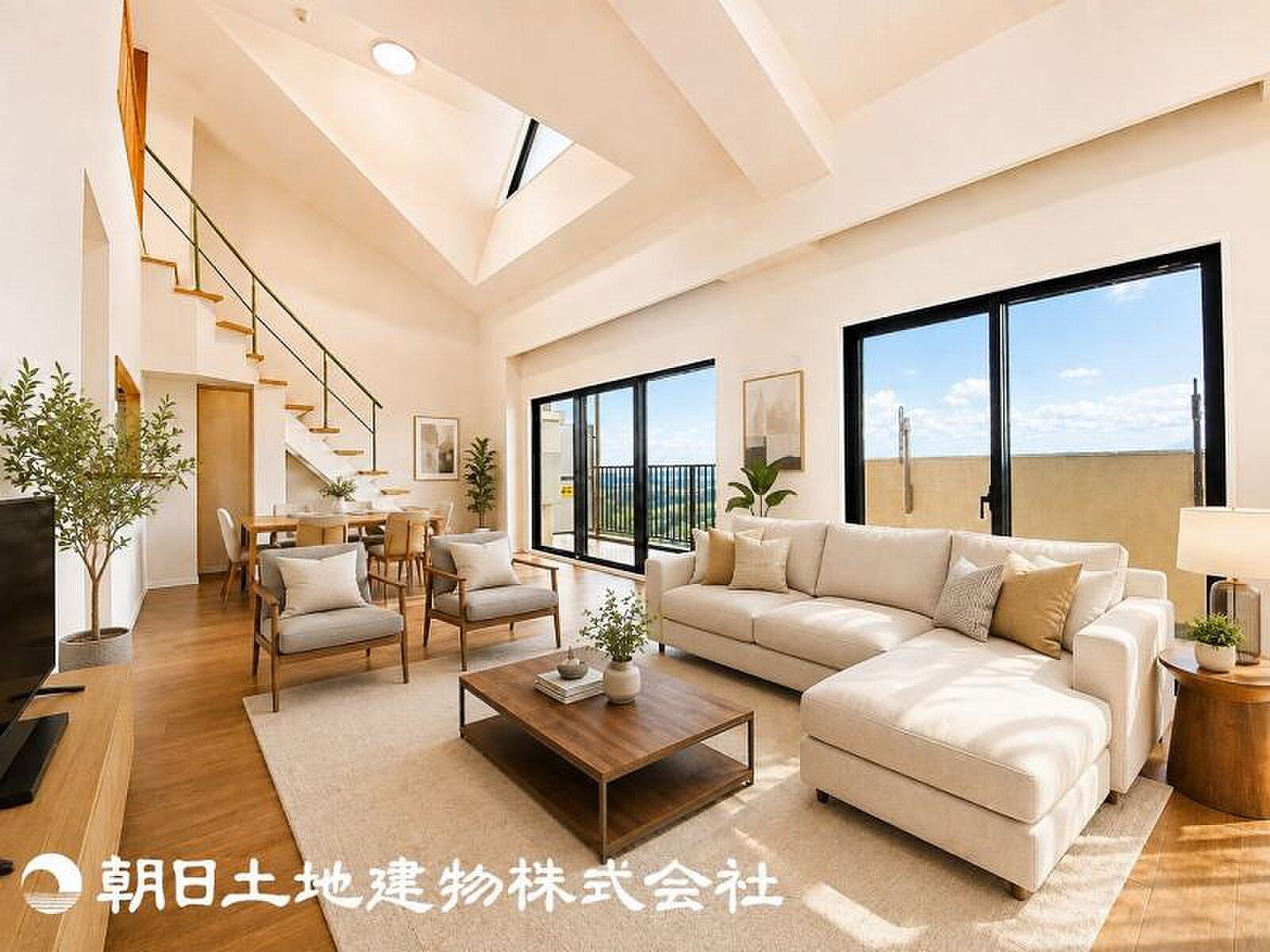 最上階、天窓の下にのびる木の階段