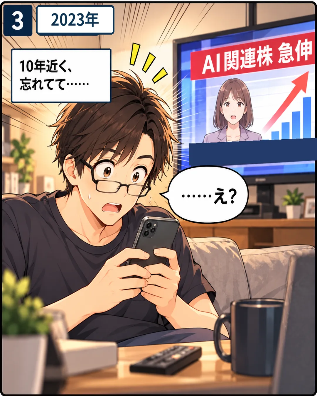3コマ目。2023年の回想。夜、ソファでスマホを見た蓮が、眼鏡をずり落として固まり「……え？」。背後のテレビに「AI関連株 急伸」のテロップ。語りは「10年近く、忘れてて……」。