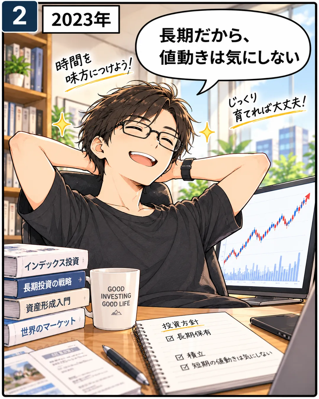 2コマ目。2023年の回想。右肩上がりのグラフのモニターの前で、蓮が椅子にもたれ、頭の後ろで手を組んで満面の笑みで「長期だから、値動きは気にしない」。机に投資の本と「投資方針」のノート。