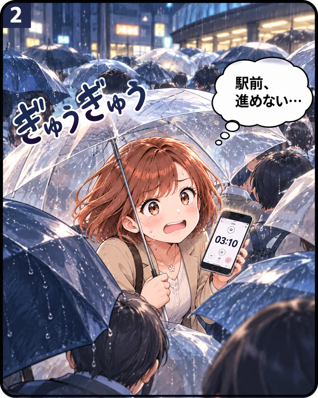 2コマ目。回想。雨の夜の駅前で、たくさんの傘の人混みに押されて桜が進めない。スマホのストップウォッチは「03:10」。桜は「駅前、進めない…」と思う。