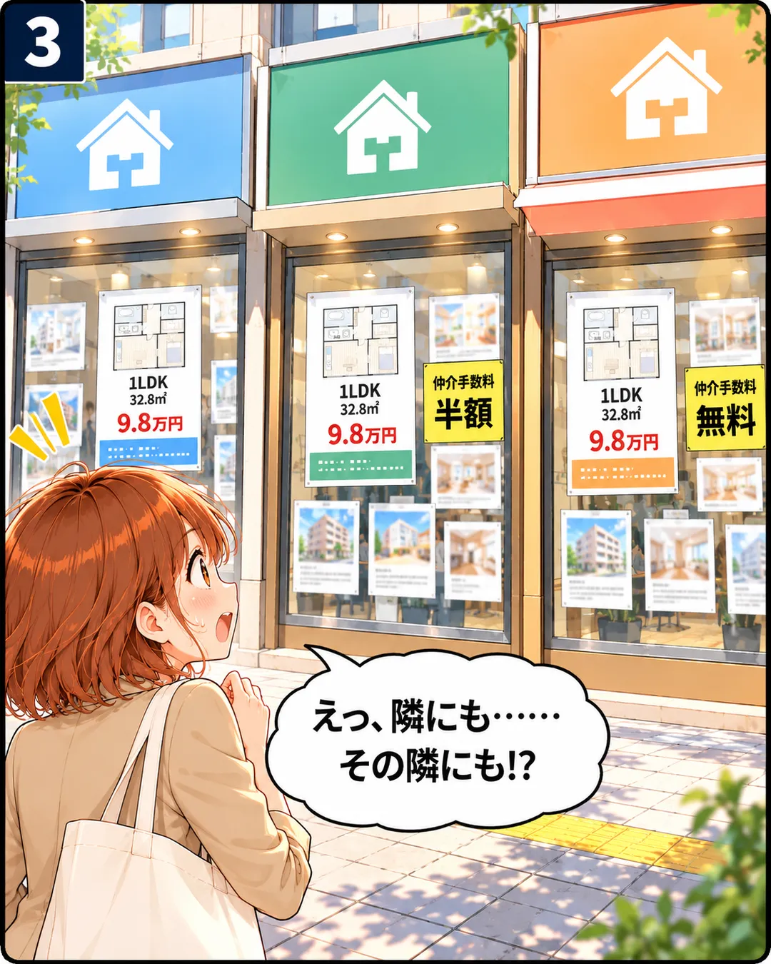 3コマ目。3軒のウインドウを横に並べた絵。どの店にも同じ間取り図・1LDK・32.8㎡・9.8万円の紙が貼られ、下の帯の色だけが青・緑・オレンジと違う。2軒目の紙の横には「仲介手数料半額」、3軒目には「仲介手数料無料」の黄色い札。振り向いた桜が目を丸くして「えっ、隣にも……その隣にも!?」。