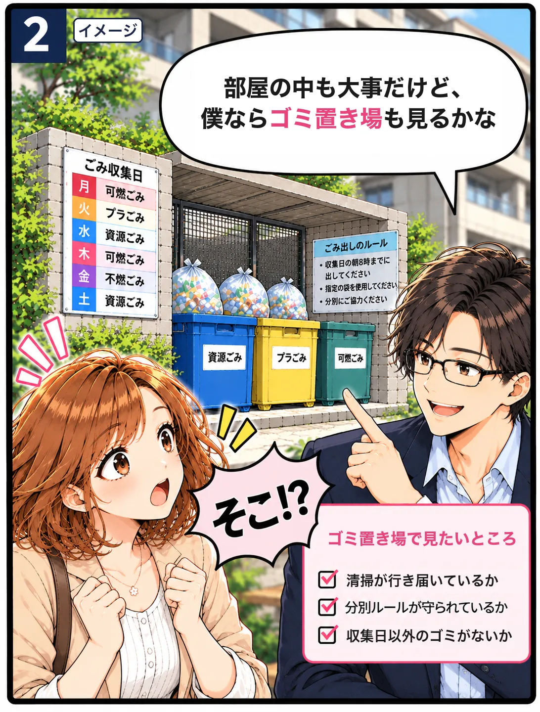 2コマ目。ゴミ置き場の前のイメージ。蓮がゴミ置き場も見ると指さし、桜が「そこ!?」と驚く。ゴミ置き場で見たいところのチェック項目が添えられている。