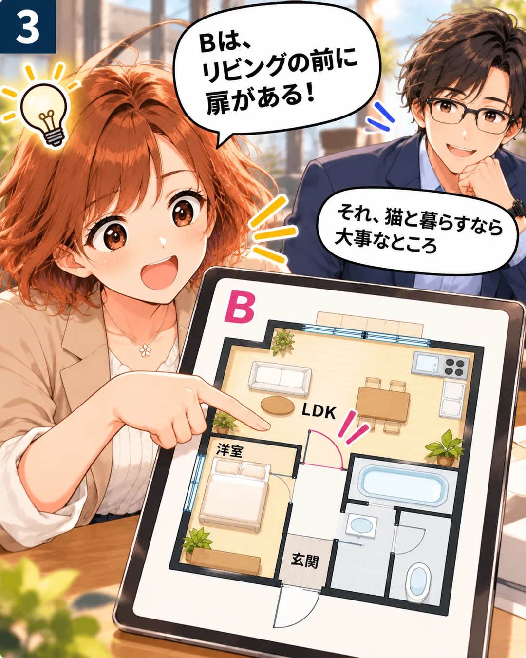 3コマ目。桜が間取り図Bのリビングの入口にある扉の記号を指さして気付き、奥の蓮が「猫と暮らすなら大事なところ」と認める。