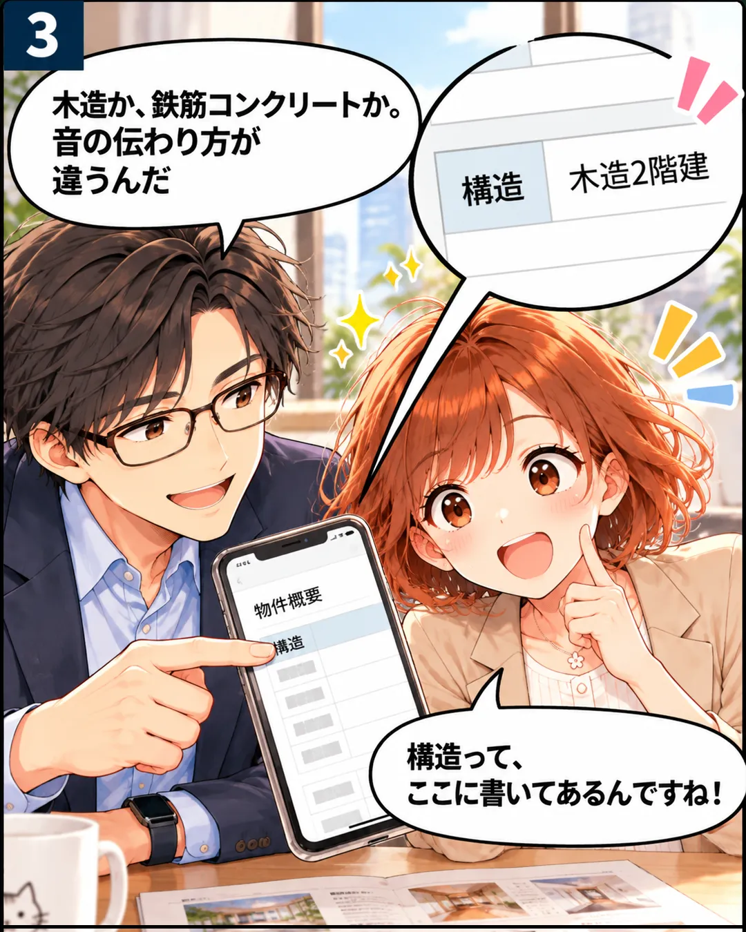 3コマ目。蓮がスマホの物件概要の「構造」の行を指さし、拡大すると「構造　木造2階建」。蓮が木造と鉄筋コンクリートで音の伝わり方が違うと話し、桜が気付いて喜ぶ。
