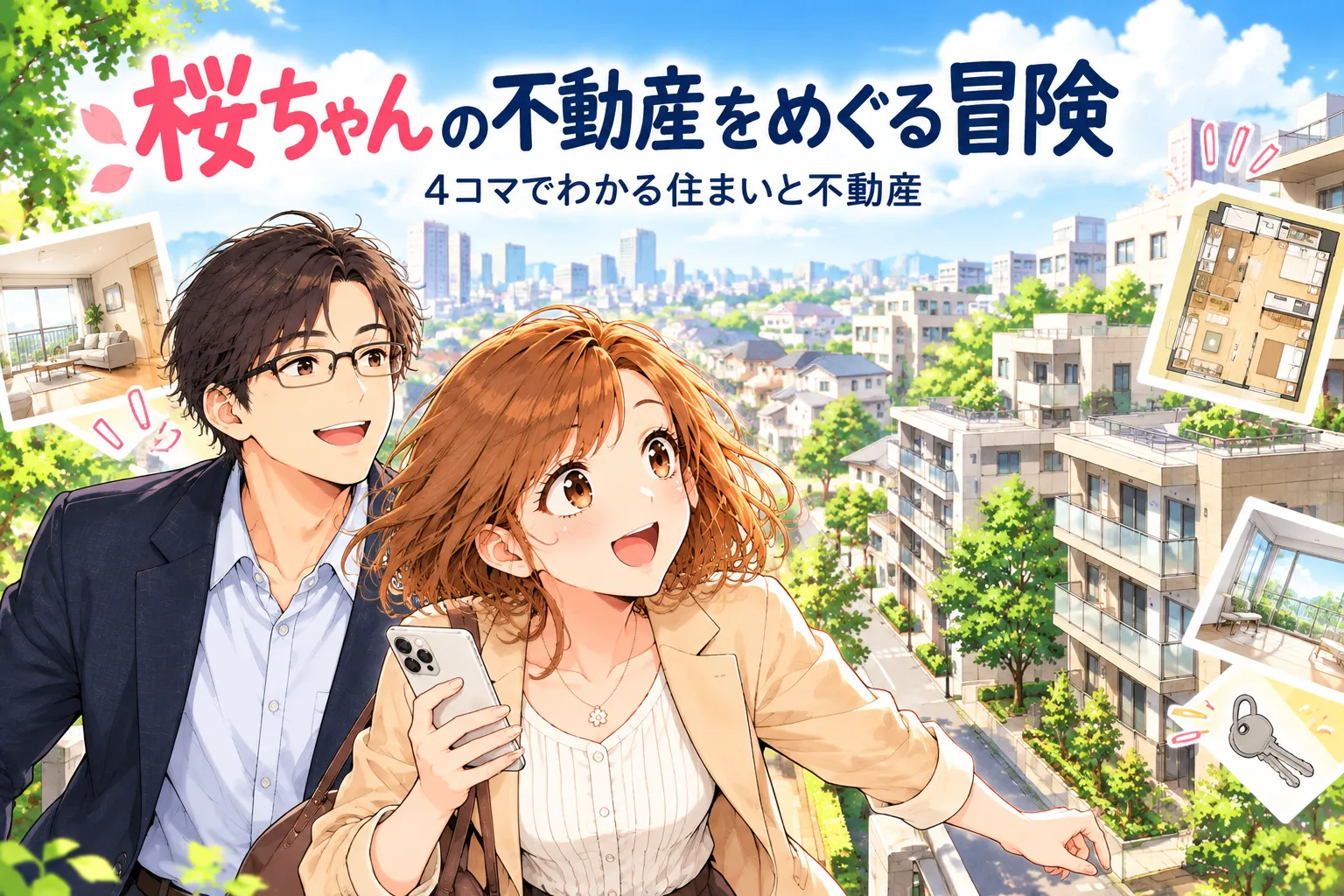 桜ちゃんの不動産をめぐる冒険　4コマでわかる住まいと不動産。部屋探し中の桜ちゃんと、データ好きの先輩・蓮さん。